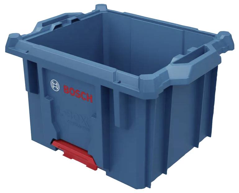 Un boîte de rangement Bosch bleue avec un loquet rouge, dotée de poignées robustes et d'une conception empilable pour organiser des outils ou des matériaux.