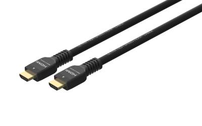 Deux câbles HDMI avec des connecteurs noirs et des cordons, inclinés pour montrer les deux extrémités. Les câbles sont conçus pour les connexions audio et vidéo numériques.