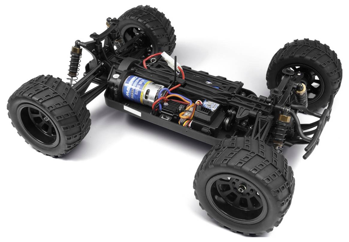 Un châssis de voiture télécommandée à quatre roues avec des pneus larges et robustes, exposant ses composants moteur et de câblage.
