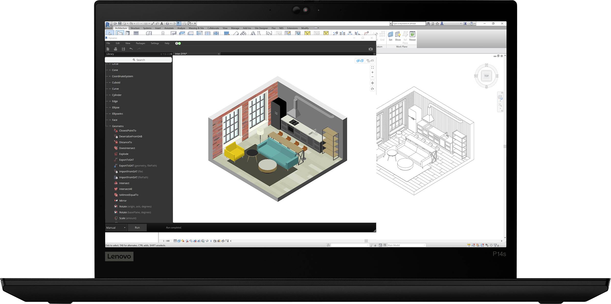 Un ordinateur portable affiche un design de pièce en rendu 3D sur son écran, présentant un espace de vie avec des meubles, accompagné d'un plan d'architecture correspondant en nuances de gris.