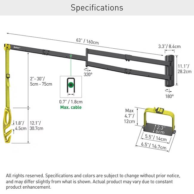 'Specifications' of a metal and yellow safety cable with dimensions, wall mount, and length details. Text notes potential size variation.