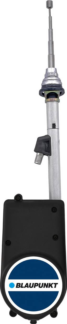 Eine Autoantenne mit einem 'Blaupunkt'-Logo auf einer schwarzen, rechteckigen Basis und einer ausziehbaren silbernen Metallstange.