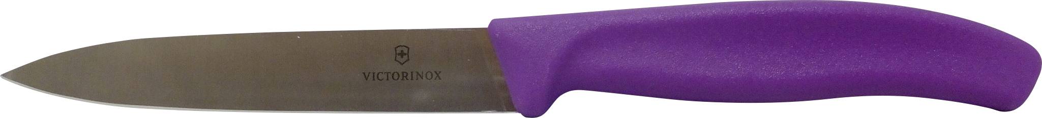 Un couteau de cuisine avec une lame en acier inoxydable et un manche violet, le logo de la marque 'VICTORINOX' visible sur la lame.