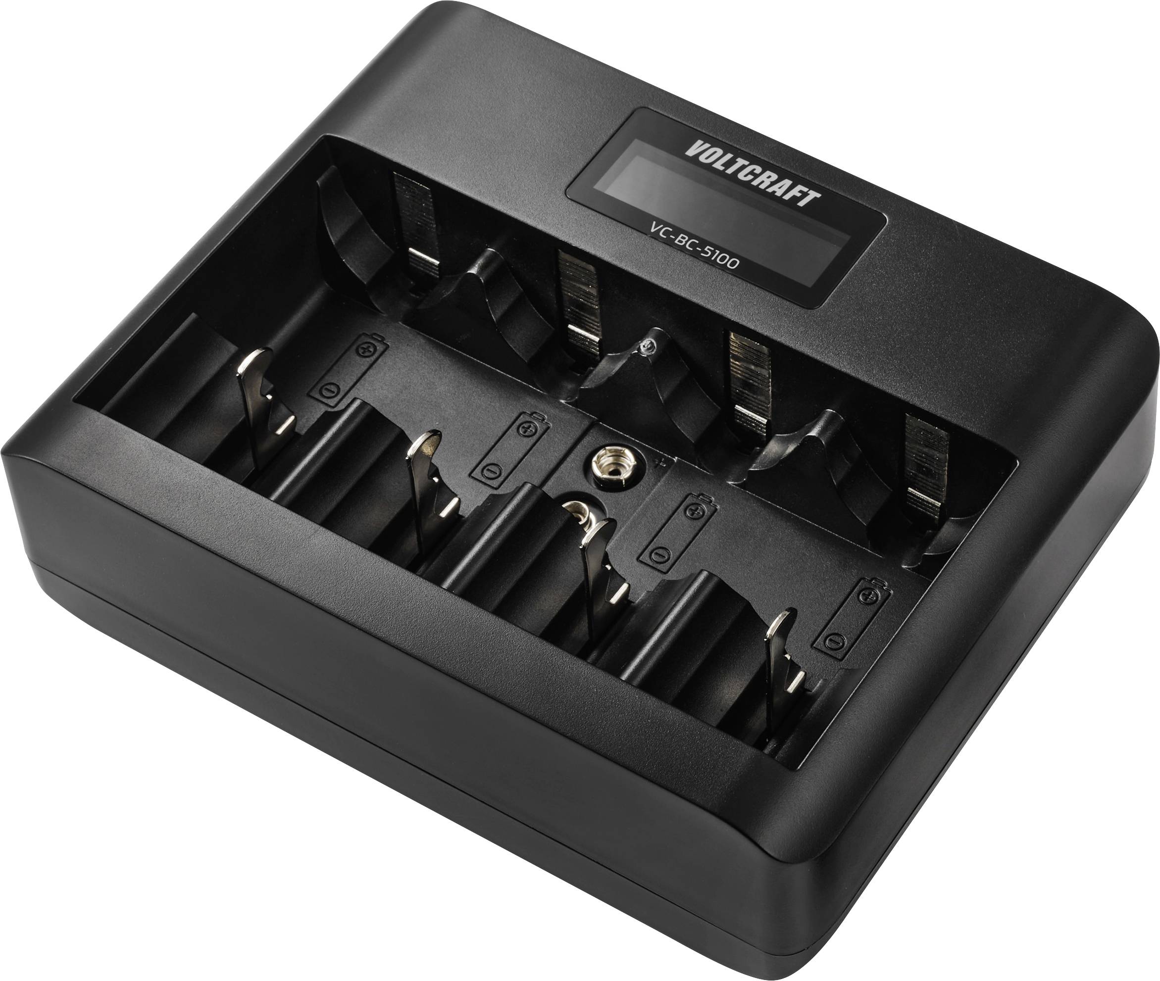 Chargeur de batterie 'Voltcraft VC 800', capable de charger plusieurs batteries simultanément, montré avec un panneau d'indicateurs sur le dessus.