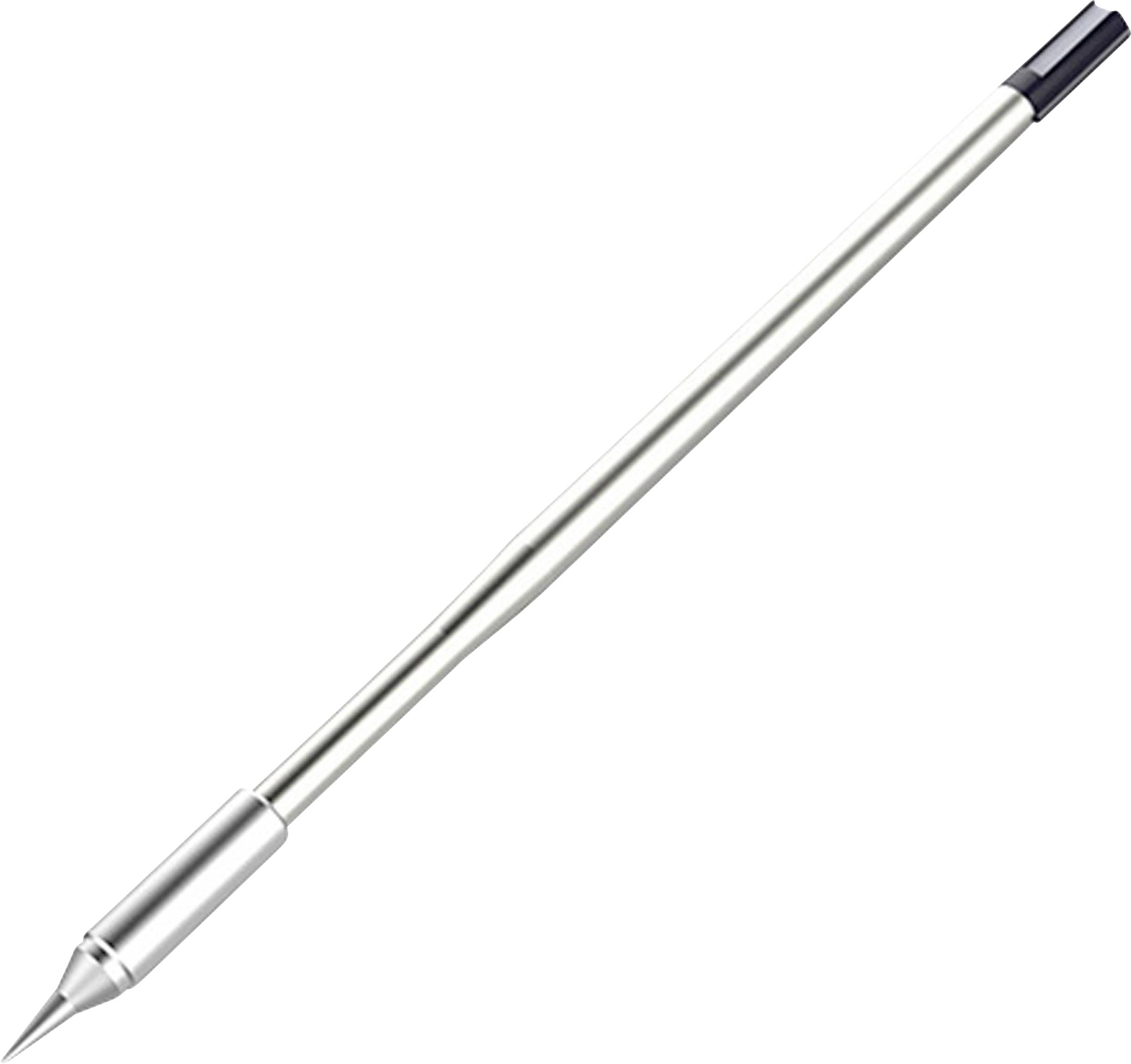 Un stylo stylus de précision en argent et noir avec un embout pointu, conçu pour les écrans numériques, placé diagonalement sur un fond blanc.