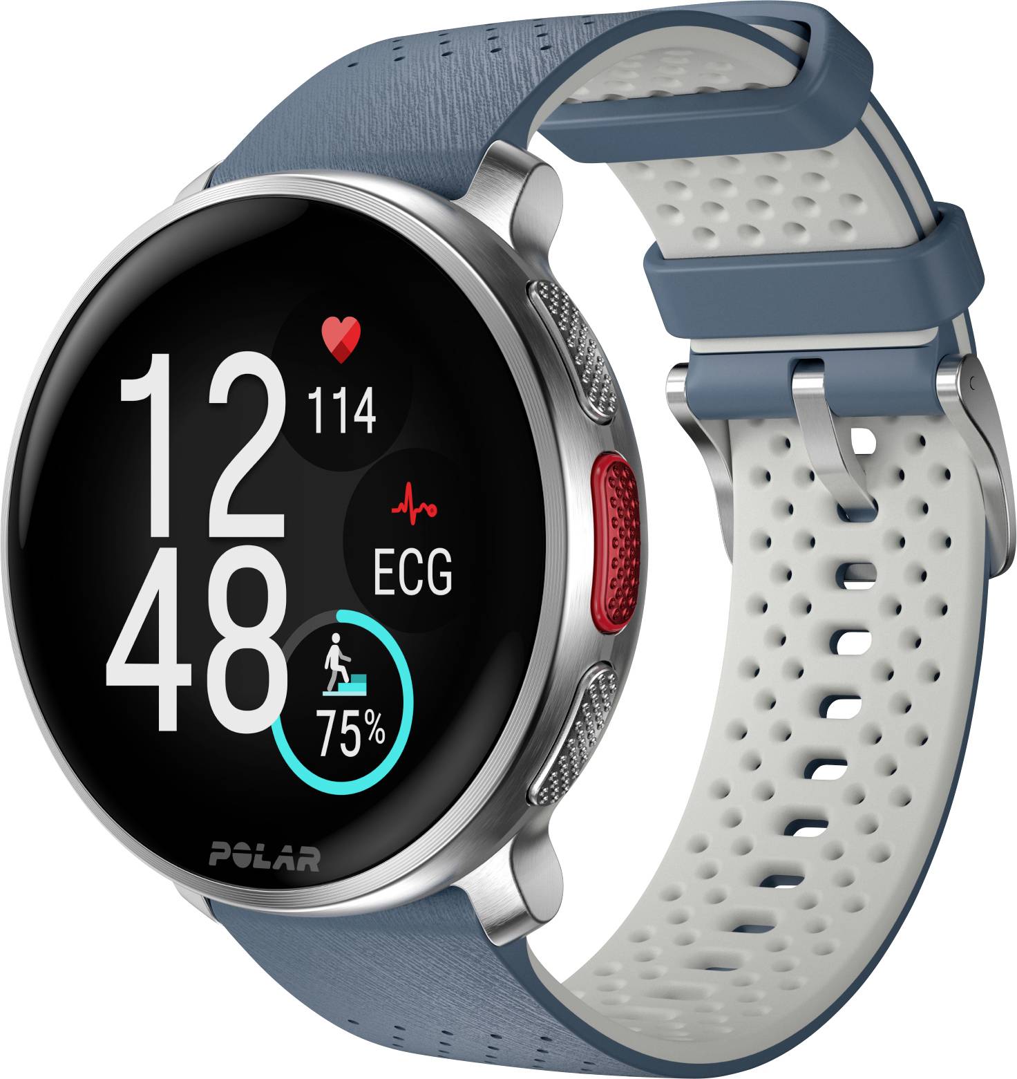 Une montre connectée affiche l'heure '12:48', le rythme cardiaque '114', l'icône ECG, et la progression de l'activité '75%'. La montre a un bracelet bleu.