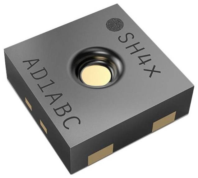 Gros plan d'un capteur électronique noir avec le texte 'SH4X AD1ABC' gravé sur sa surface et des connecteurs dorés sur les côtés.