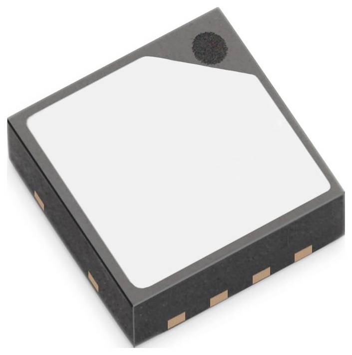 Un petit capteur carré noir avec une surface supérieure blanche, présentant plusieurs points de connexion en cuivre sur son côté.