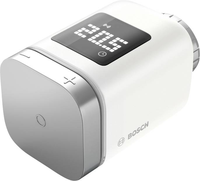 Ein weißer Bosch Smart-Thermostat mit einem digitalen Display, das '20,5' Grad Celsius und ein WLAN-Symbol zeigt, was die Konnektivität anzeigt.