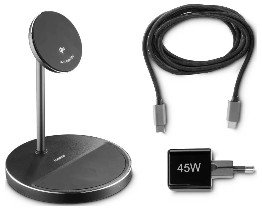 Un support de charge sans fil avec une base circulaire, un câble de charge avec connecteurs USB-C et un adaptateur secteur de 45W sont présentés.
