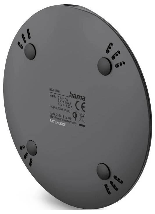 Pad de charge sans fil circulaire noir avec quatre petits pieds circulaires. Le centre affiche des spécifications techniques, comprenant des valeurs d'entrée/sortie et des marquages de conformité.