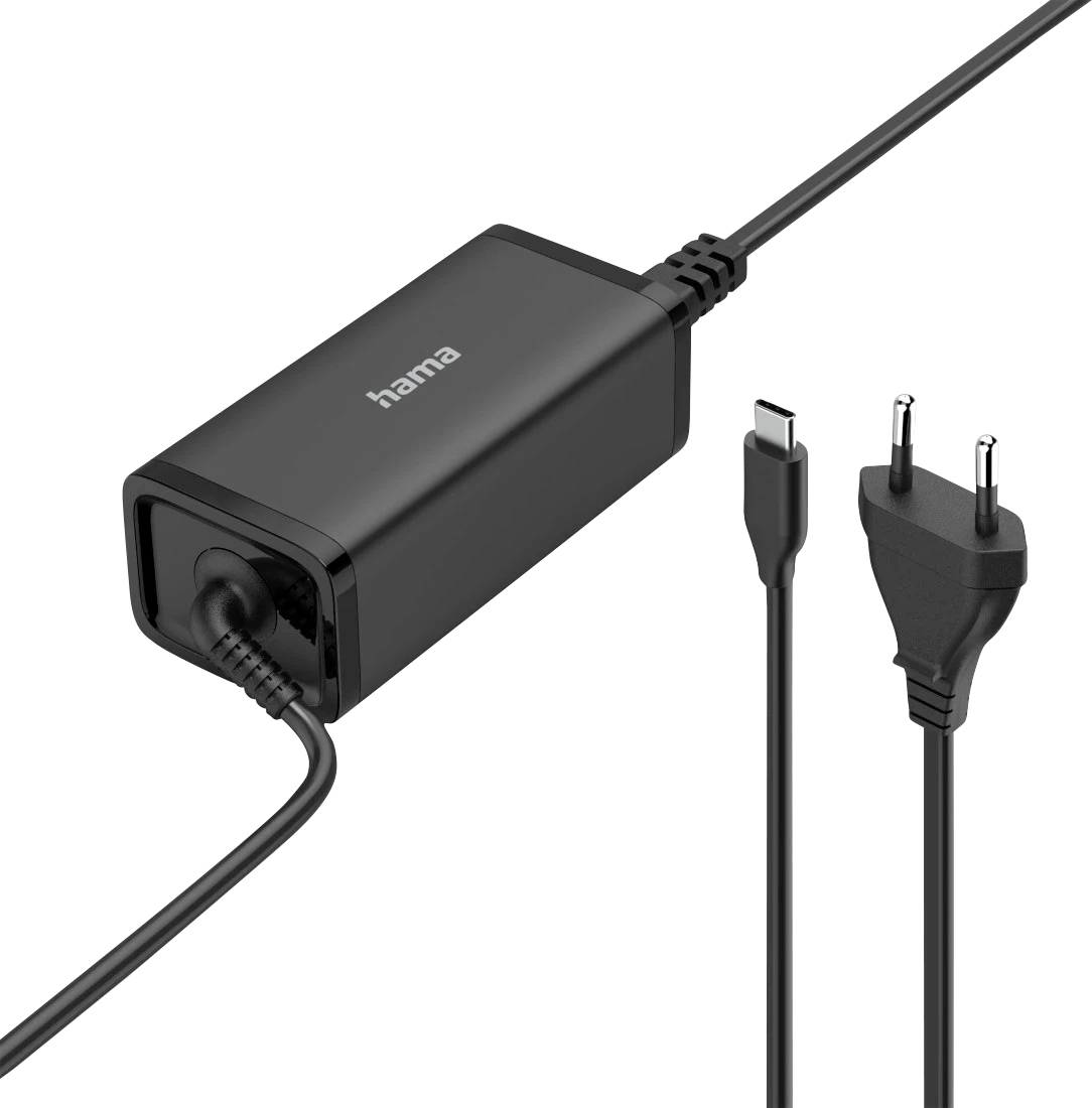 Un adaptateur secteur noir portant la marque 'hama', doté d'un connecteur USB-C et d'une prise européenne à deux broches.