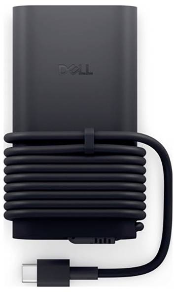 Un chargeur Dell noir pour ordinateur portable, doté d'un connecteur USB-C, enroulé soigneusement.