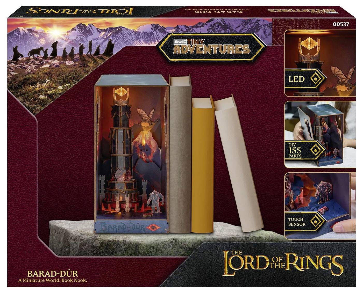 Le kit de maquette de l'Espace Livre « Le Seigneur des Anneaux : Barad-dûr ». Représente une miniature de la tour de Sauron. Comprend un éclairage LED et 155 pièces.