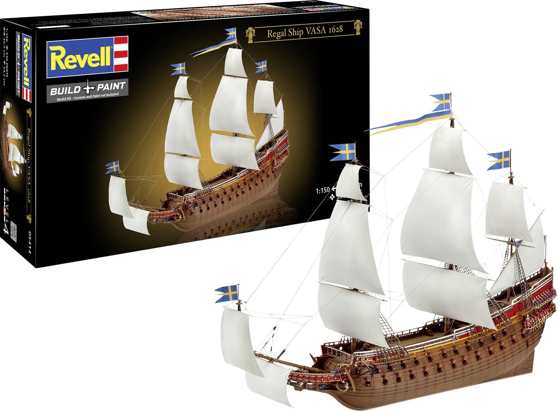 Maquette représentant le Navire Royal VASA 1628 par Revell, montrant un voilier détaillé avec des voiles blanches et des drapeaux bleus.