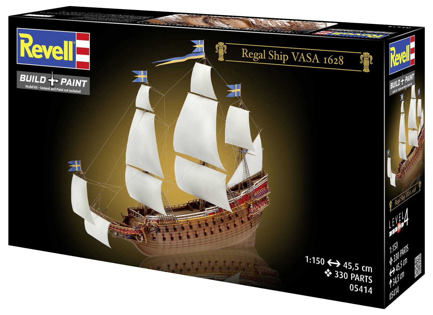 Maquette de navire Revell Regal Vasa 1628, présentant une illustration du navire avec des voiles blanches, des drapeaux suédois et les détails du produit.