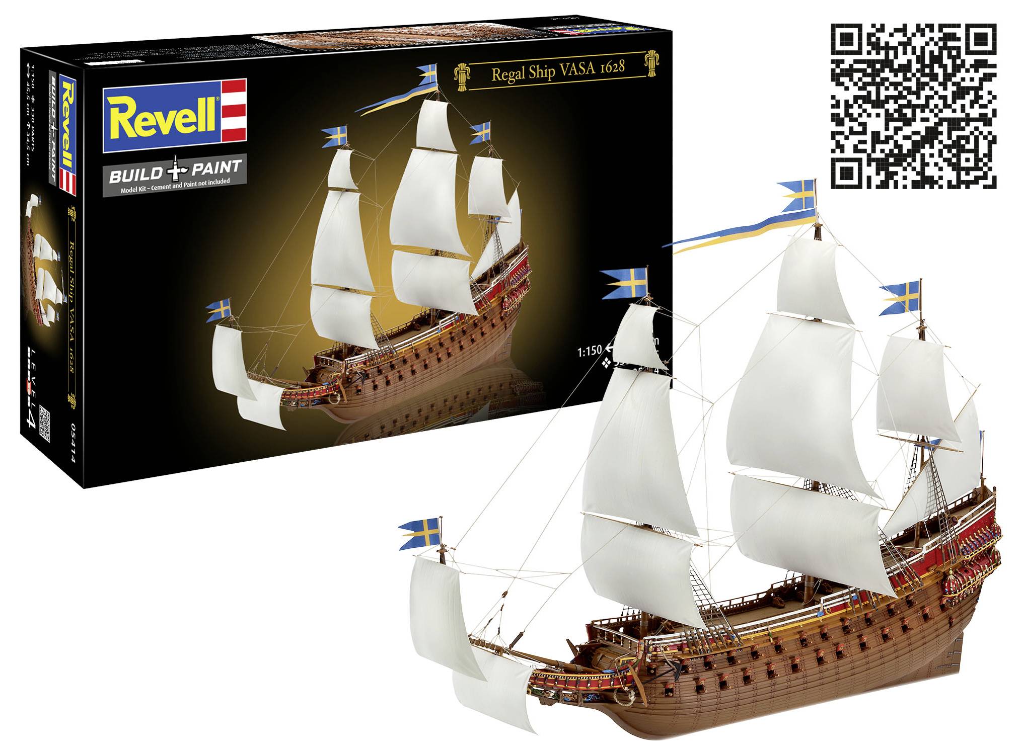 Boîte de maquette 'Revell Build + Paint' présentant le navire royal VASA 1638 avec une illustration du modèle détaillé du navire et un code QR inclus.