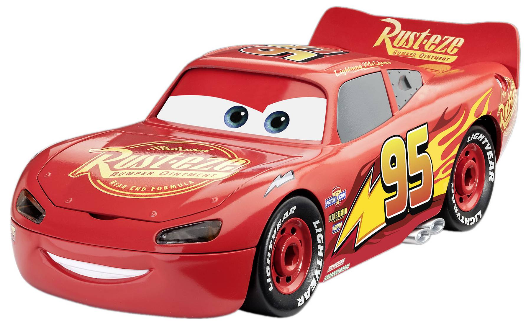 Une voiture de course rouge animée avec de grands yeux et une expression amicale, étiquetée '95', arborant un design de flammes et 'Rust-eze' sur le capot.