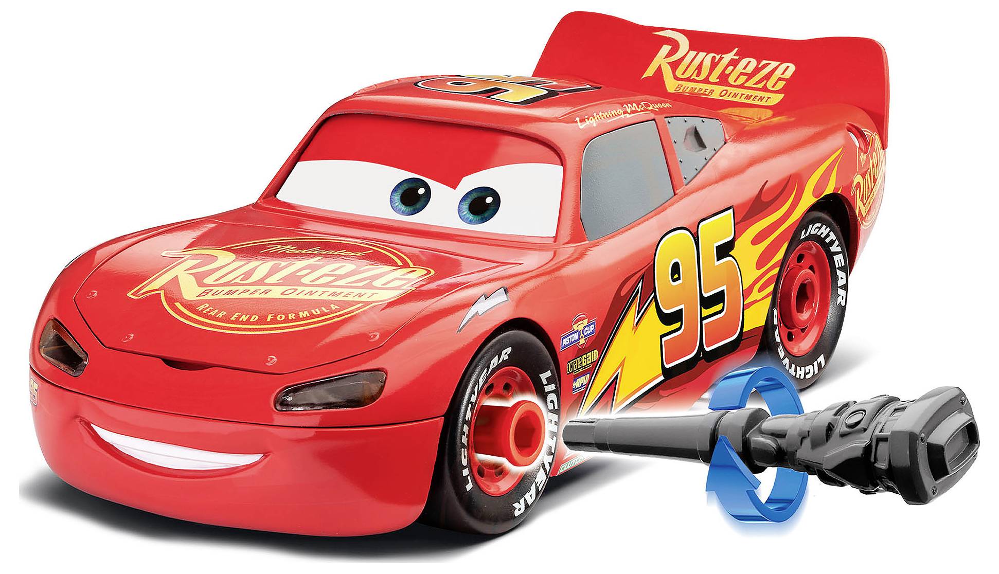 Une voiture de course jouet rouge avec le logo 'Rust-eze' et le numéro '95' sur le côté, dotée de roues amovibles.