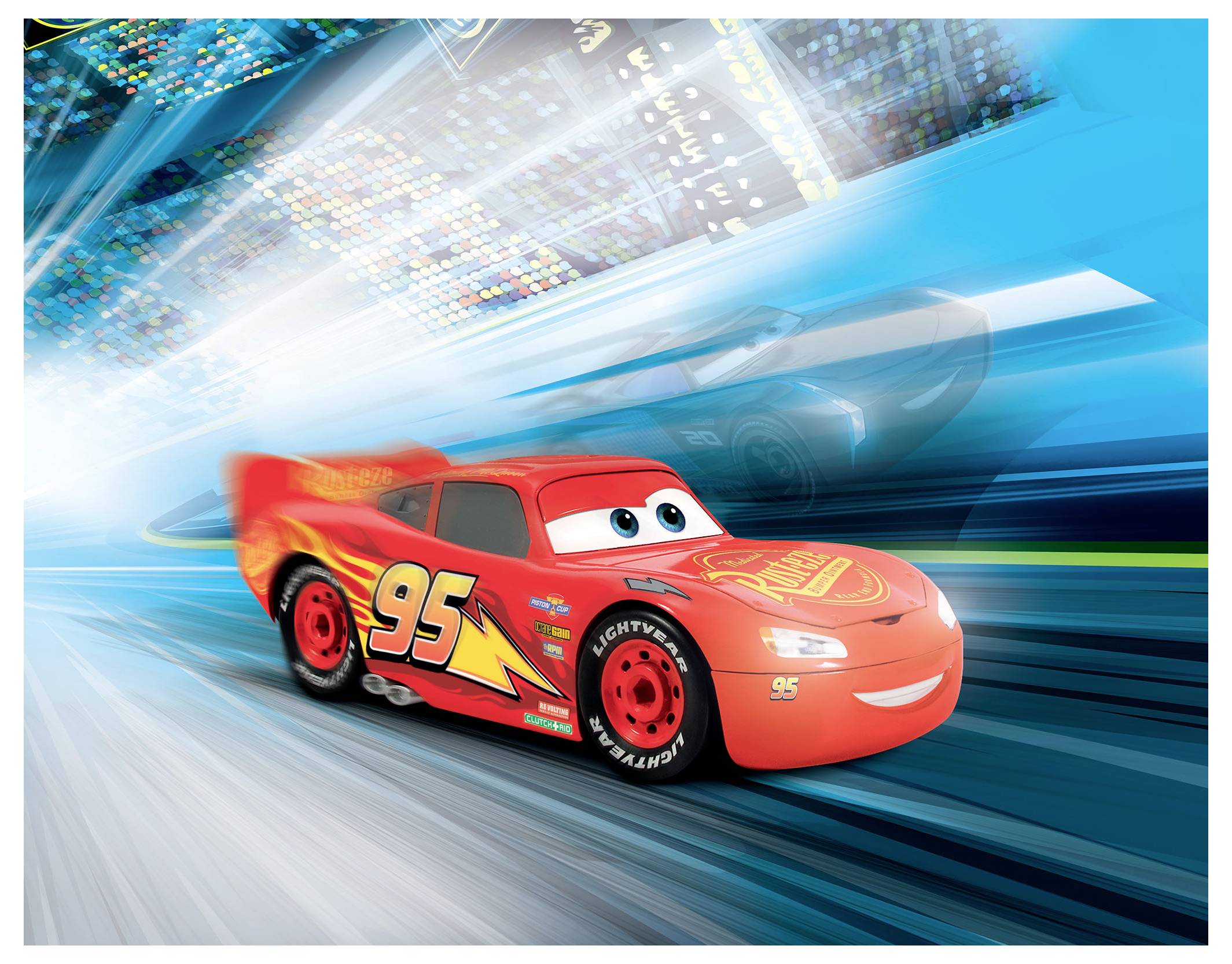 Une voiture de course rouge animée avec le numéro 95, arborant des autocollants de course vibrants, file à toute allure sur une piste bleutée aux effets de mouvement, évoquant l'excitation.