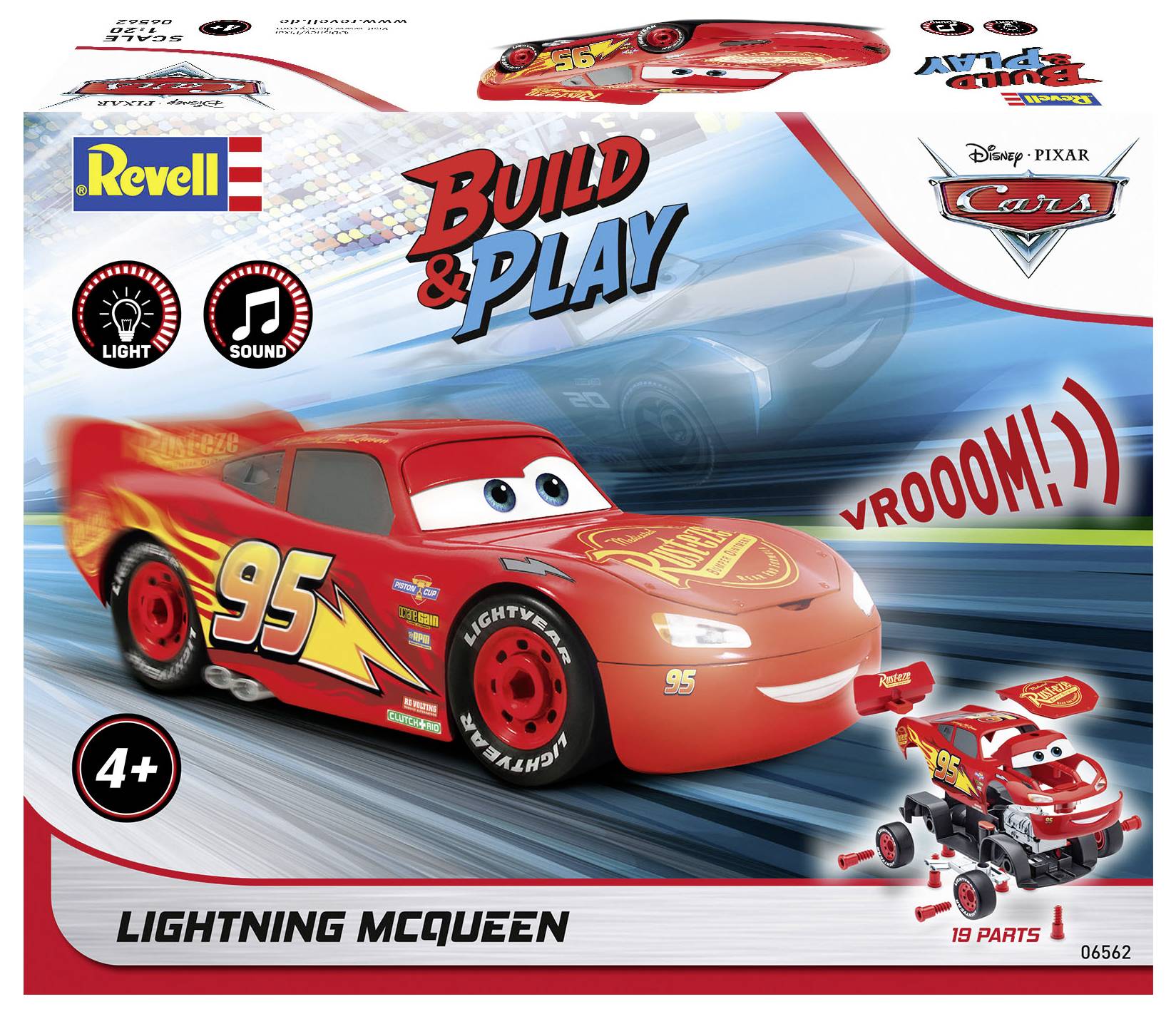 Boîte à jouets Build & Play Flash McQueen représentant une voiture de course rouge avec le numéro '95' et le texte 'Vroom !'. Comprend des effets lumineux et sonores, 19 pièces, pour enfants de 4 ans et plus.