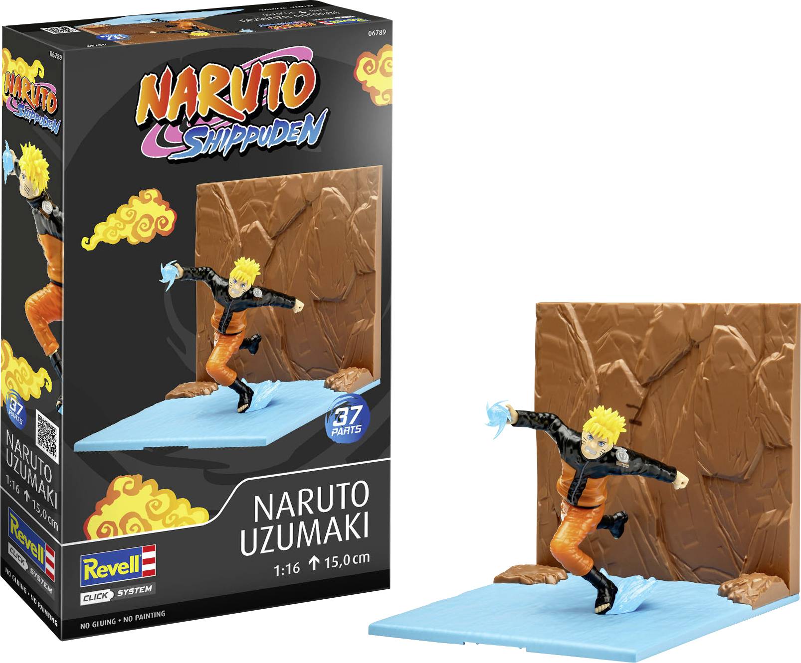 Boîte de maquette de 'Naruto Uzumaki' présentant une figurine d'action assemblée dans une pose dynamique devant un arrière-plan rocheux.