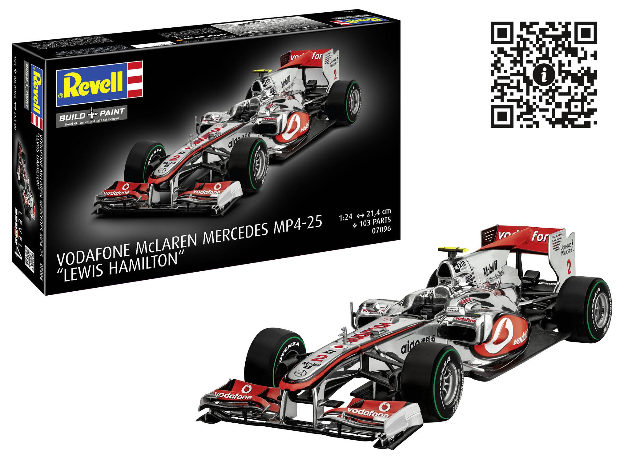 Kit de maquette Revell d'une voiture de Formule 1 McLaren Mercedes MP4-25 Vodafone, représentant le design et l'emballage, avec un code QR.