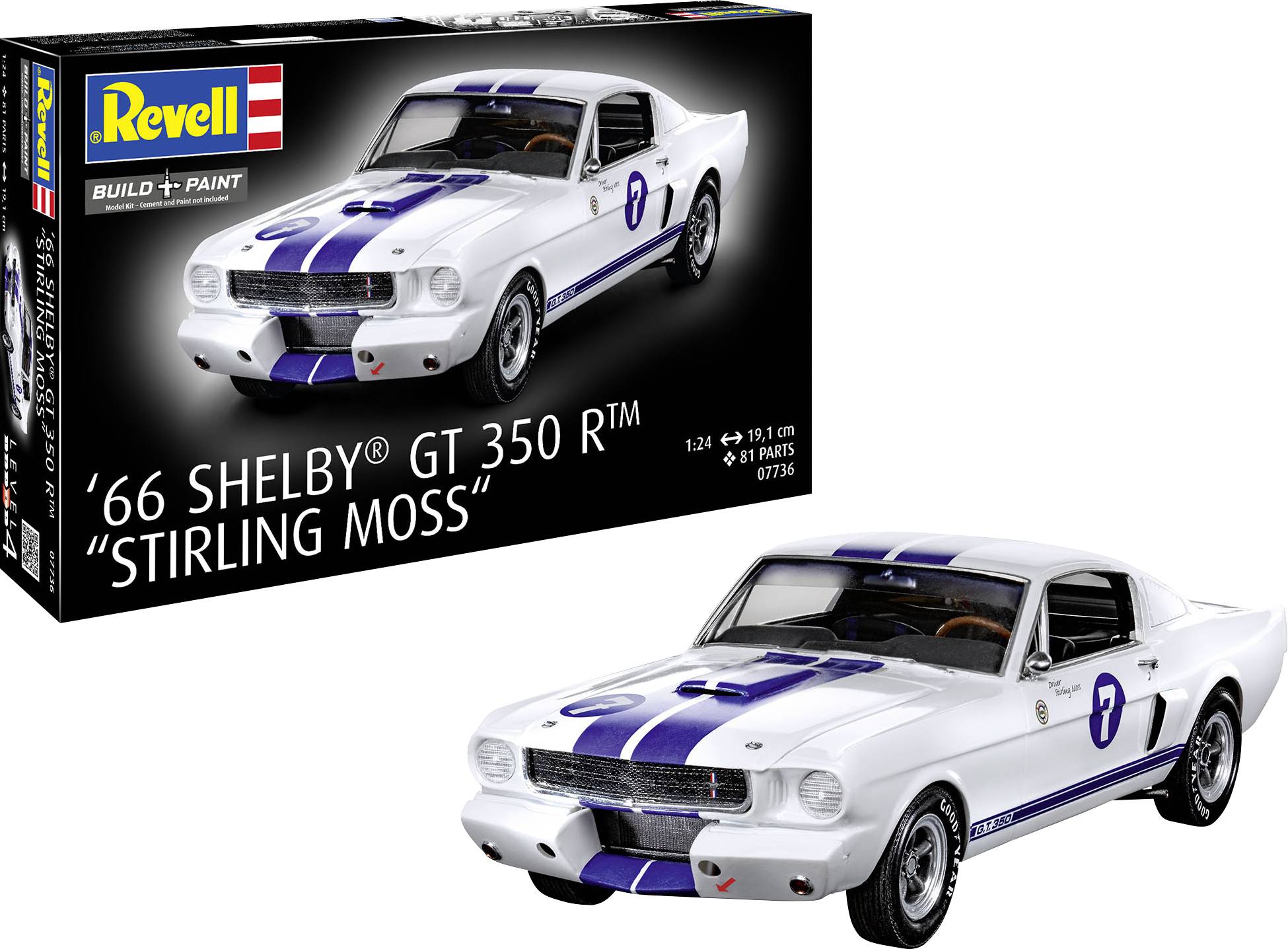 Une voiture miniature blanche avec des rayures bleues, étiquetée « 66 Shelby GT 350 R », est exposée à côté de son emballage d'origine présentant des graphismes similaires.