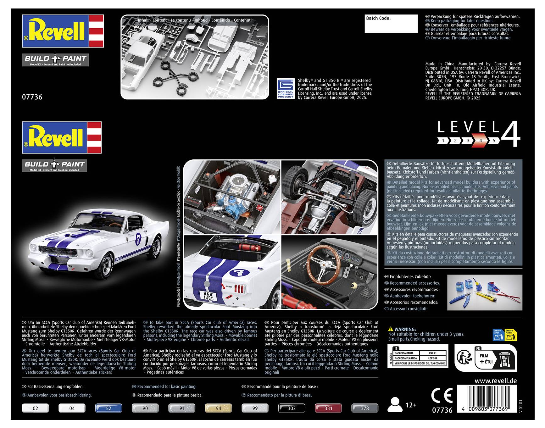 Notice de montage et peinture Revell avec images d'une voiture de course vintage, pièces d'assemblage et outils recommandés, avec un niveau de difficulté 4.