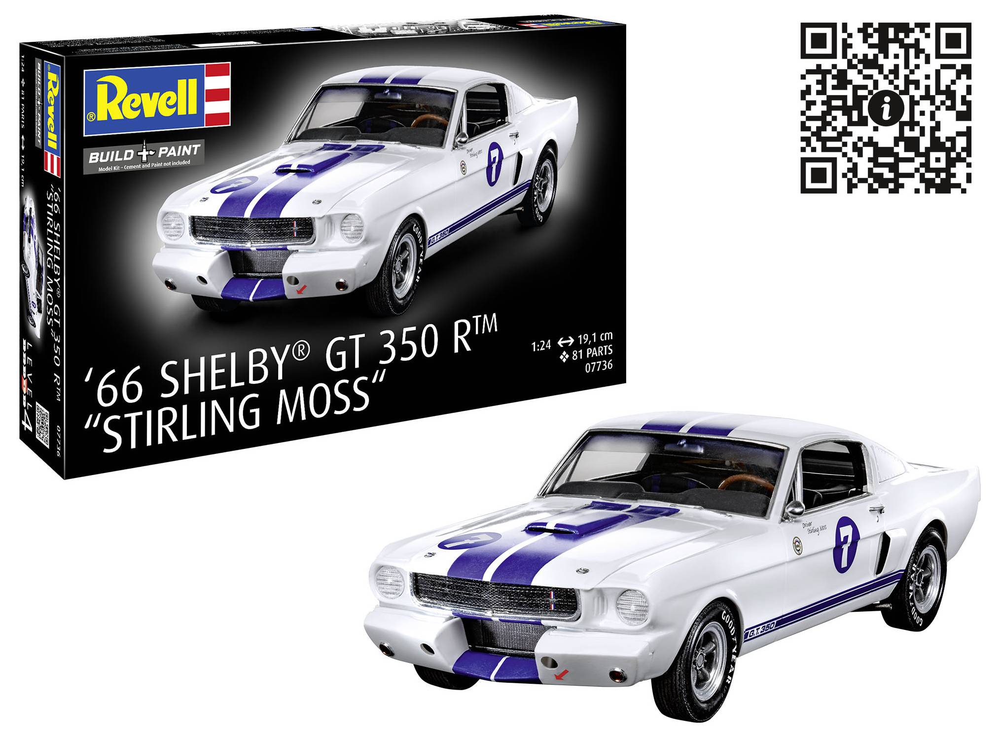 Une boîte de maquette d'un modèle réduit de Shelby GT 350 R de 1966, présentant la voiture en blanc avec des bandes bleues et le numéro 7. Comprend un code QR et des éléments de marque.