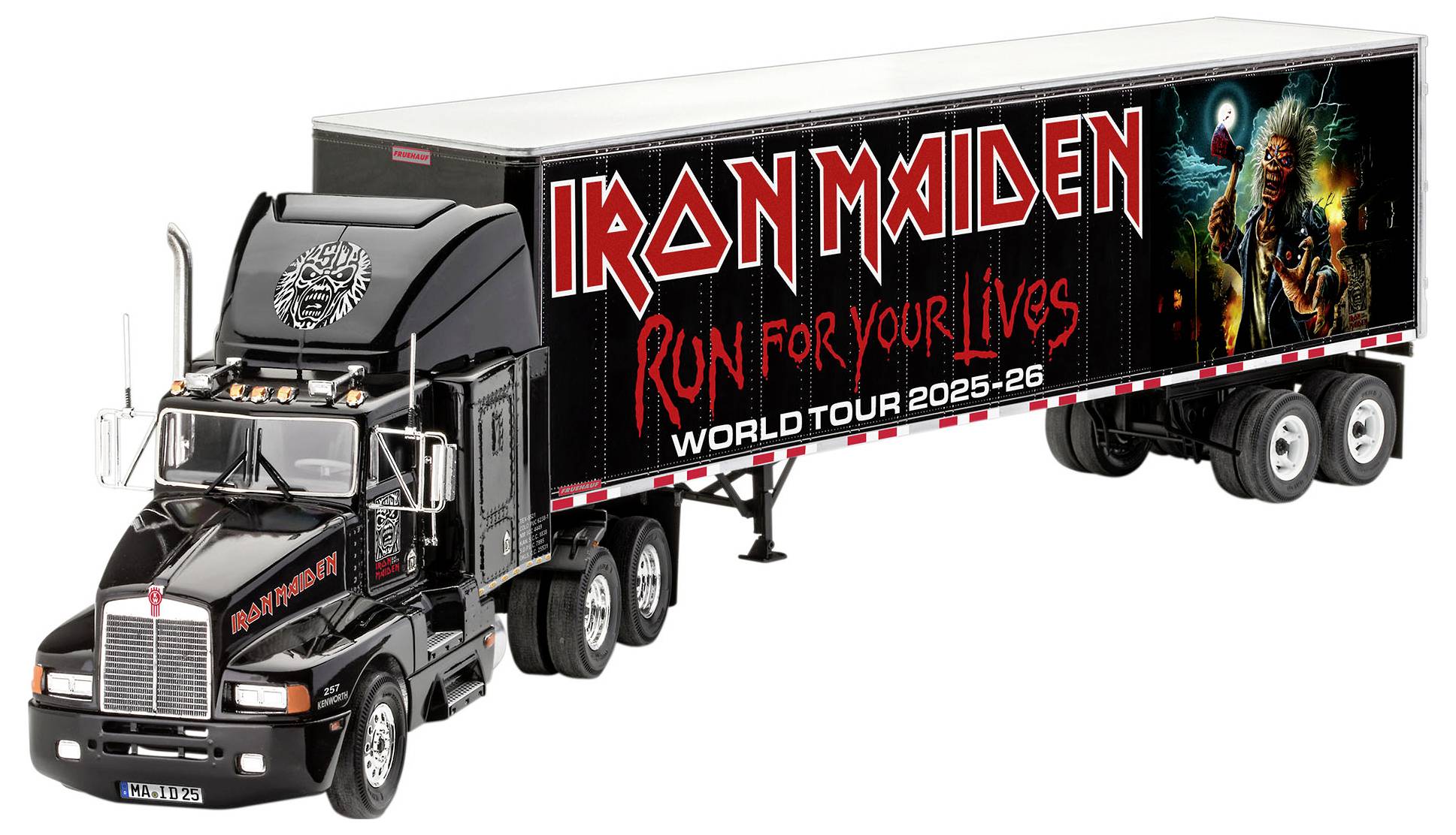 Un camion semi-remorque noir portant l'inscription « Iron Maiden » et « Run for Your Lives World Tour 2025-26 » sur la remorque, évoquant le thème d'un concert.