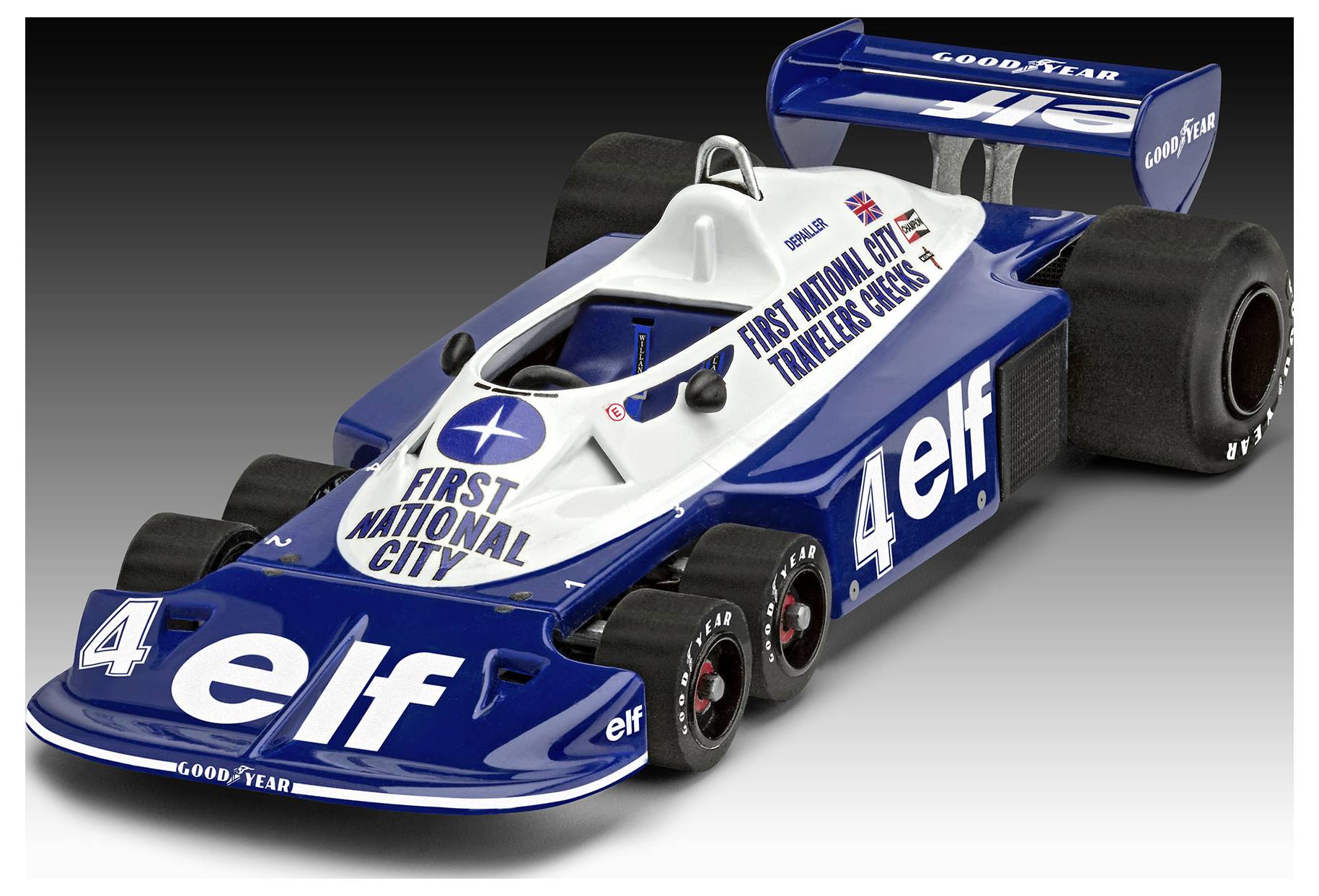 Une voiture de course de Formule Un classique, bleu et blanc, arborant les logos 'elf' et 'First National City', présentant un design distinctif à six roues.
