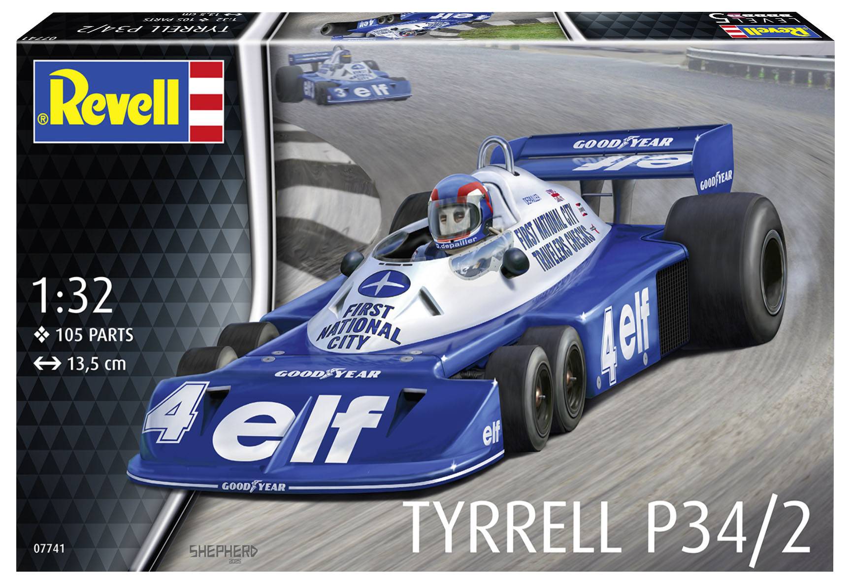 Boîte de maquette Revell représentant la voiture de Formule 1 Tyrrell P34/2 sur un circuit, avec les logos 'GOODYEAR' et 'FIRST NATIONAL CITY'.