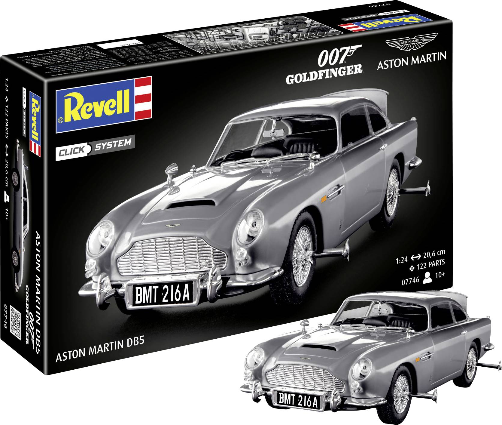 Maquette d'un Aston Martin DB5 classique de '007 Contre Goldfinger' par Revell. Présente une image détaillée de la voiture et des informations de montage.