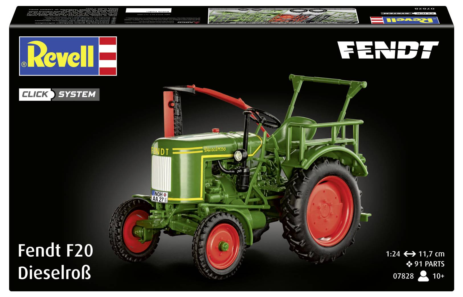 Kit de modélisme 'Revell Fendt F20 Dieselroß' présentant un tracteur miniature vert avec des roues rouges, comprenant 91 pièces, recommandé pour les 10 ans et plus.