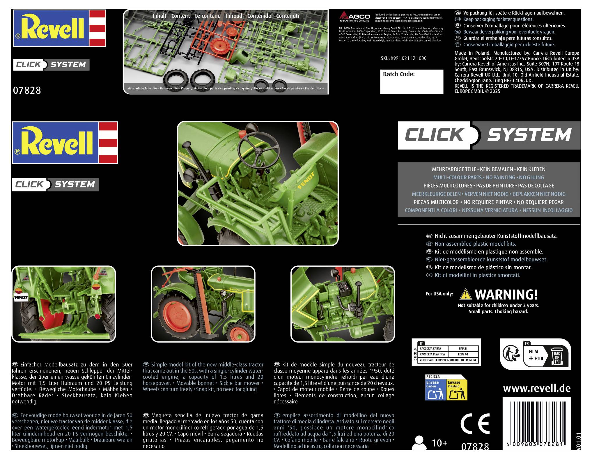 Instructions de montage du 'Système Clics Revell' sur l'emballage du kit de modélisme, accompagnées de mises en garde de sécurité. Comprend des images d'un modèle réduit de tracteur vert. Convient aux enfants de 10 ans et plus.