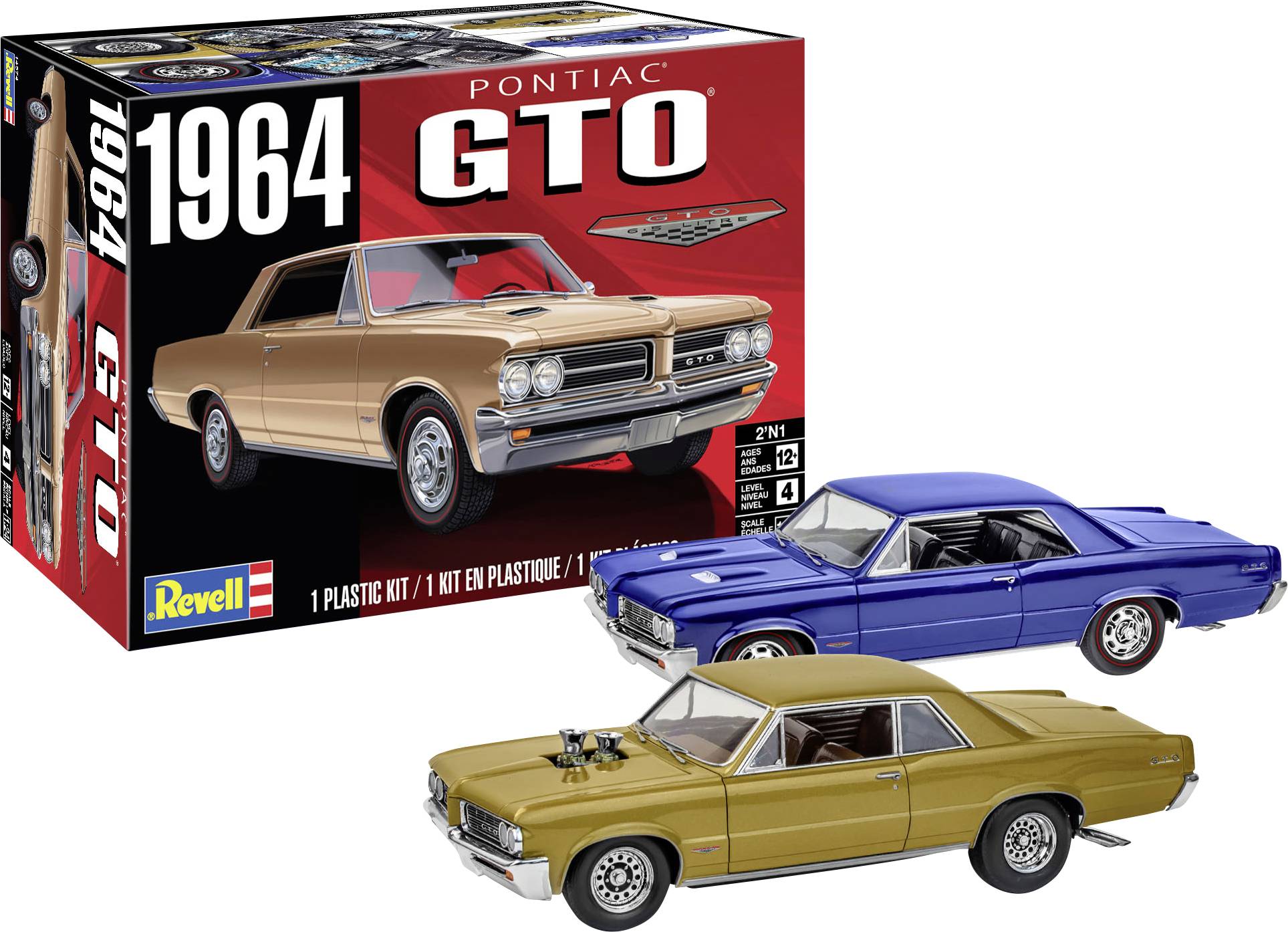 Boîte et modèles d'un kit de voiture Pontiac GTO 1964. La boîte présente une image de voiture peinte, tandis que les modèles sont bleus et dorés avec des détails soignés.