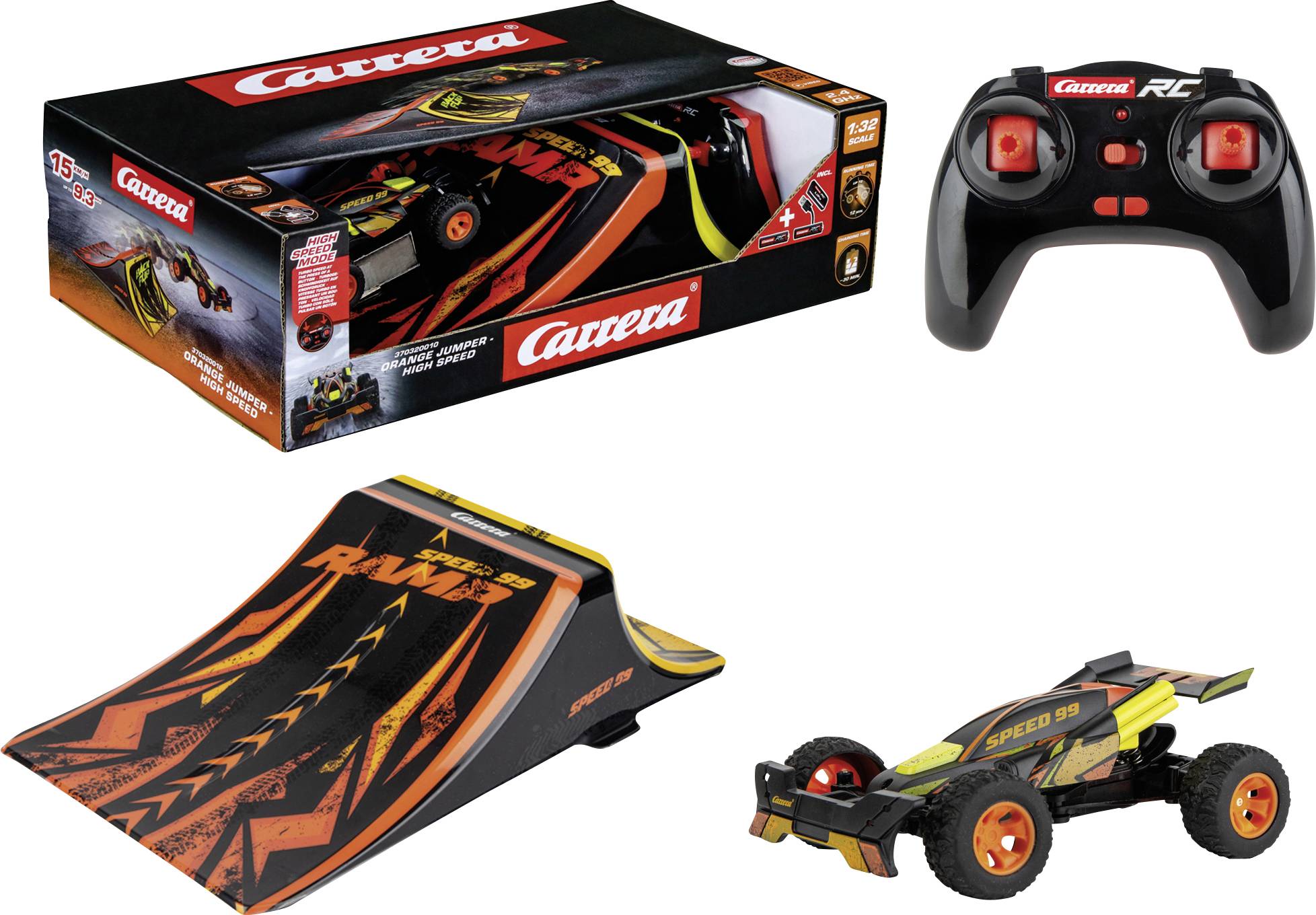 Un ensemble de voiture télécommandée comprenant une voiture noire et orange, une rampe et une télécommande manuelle. Le boîtier présente la marque 'Carrera'.