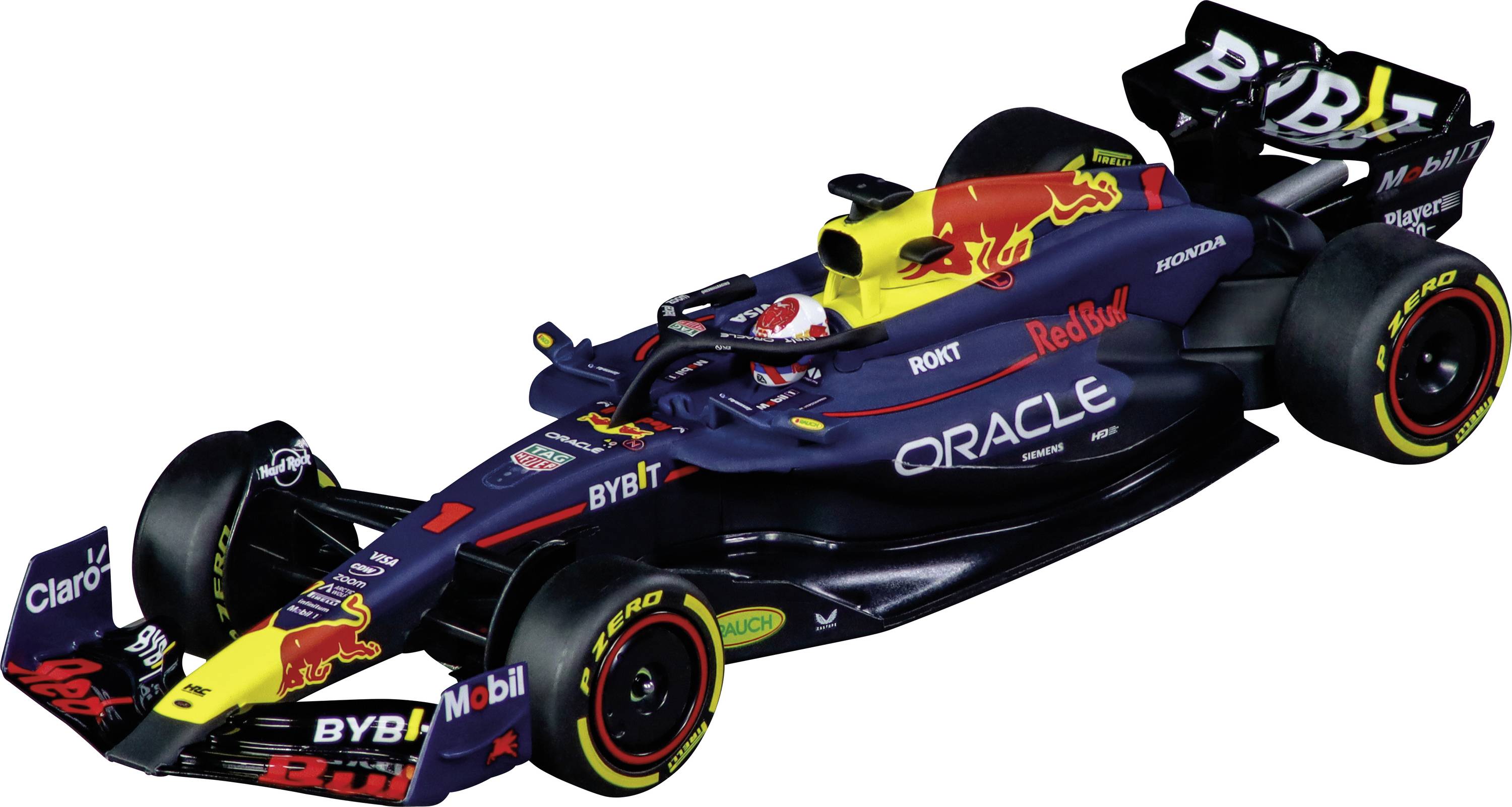 Une voiture de course de Formule 1 arborant un habillage graphique vibrant, comprenant les logos Red Bull et Oracle, conçue pour des performances à haute vitesse et une compétition intense.