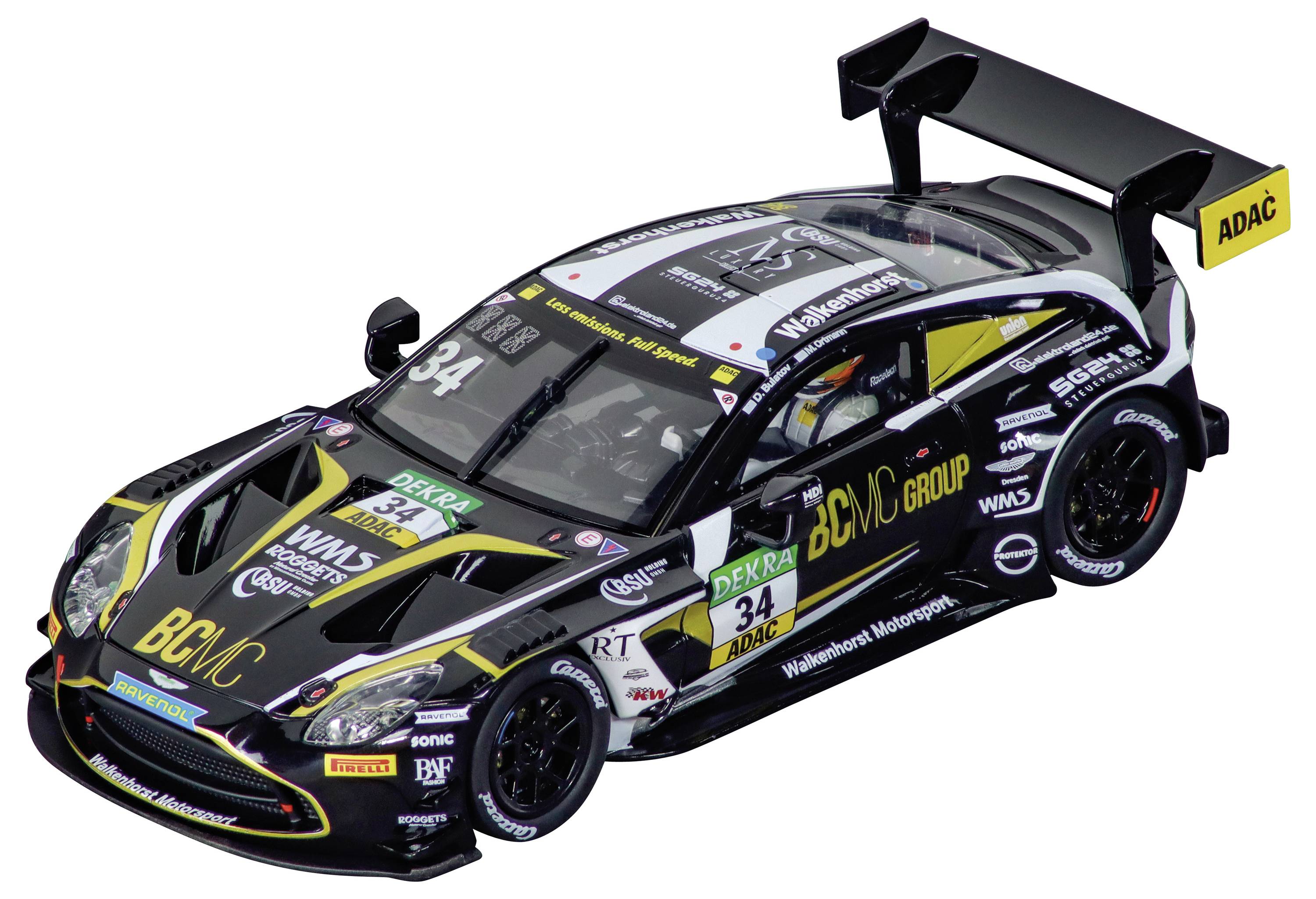 Voiture de course arborant des logos de sponsors et la marque ADAC, design élégant noir et jaune avec aileron arrière proéminent, numéro de course 34.