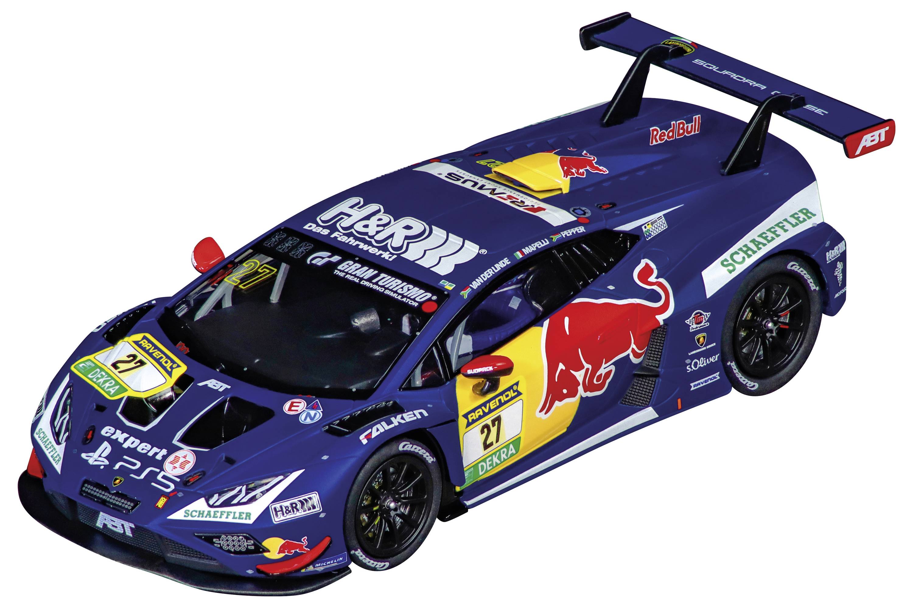 Une voiture de course bleue avec divers logos de sponsors, dont un grand taureau rouge sur le côté. Le numéro 27 est affiché sur le capot et les côtés.