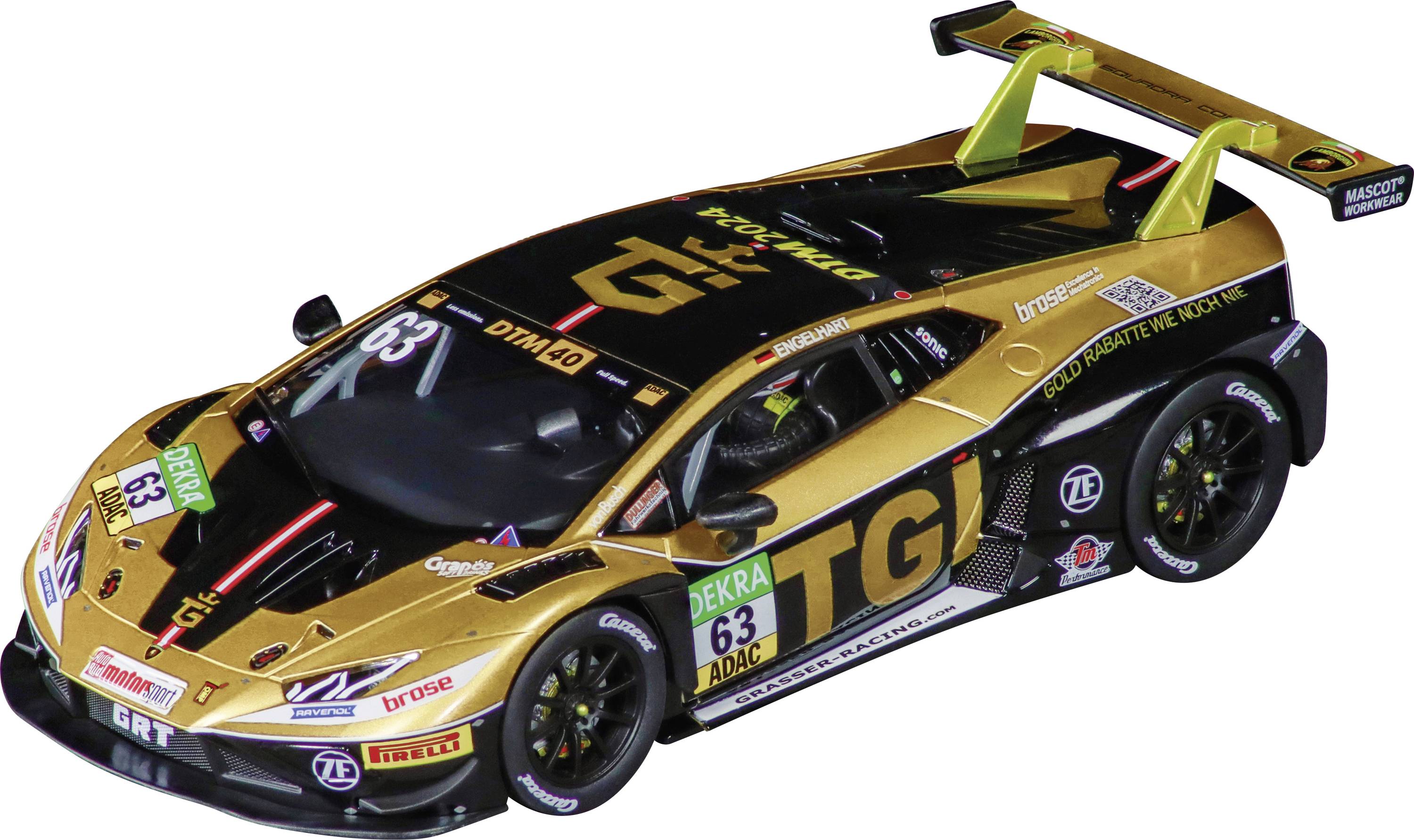 Un modèle de voiture de course en or et noir avec le numéro '63' sur le capot et le côté, arborant des logos de sponsors et un grand aileron arrière.