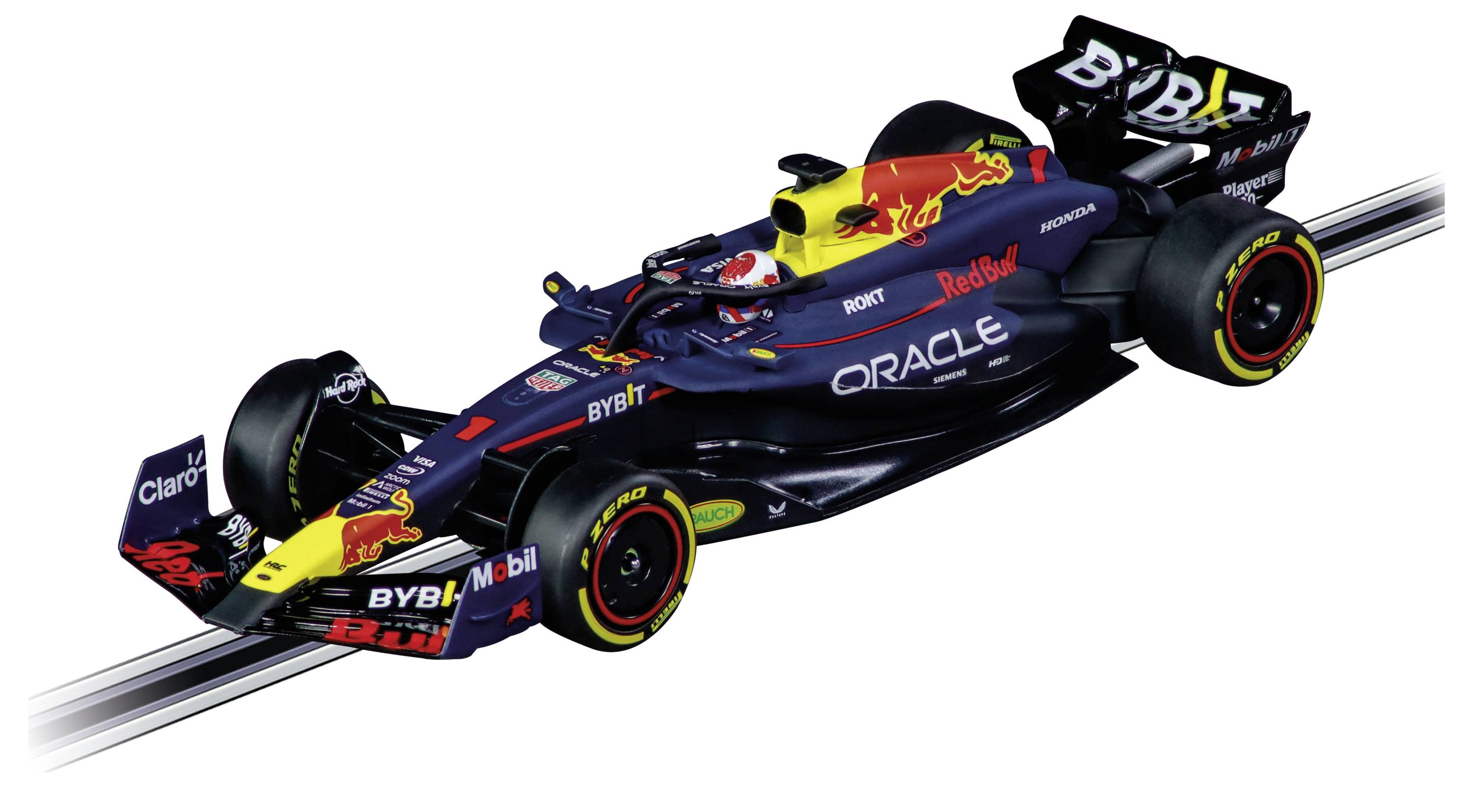 Une voiture de Formule 1 avec des logos de sponsors, notamment Oracle et Red Bull, présentant un design aérodynamique élégant et des couleurs vives sur un circuit.