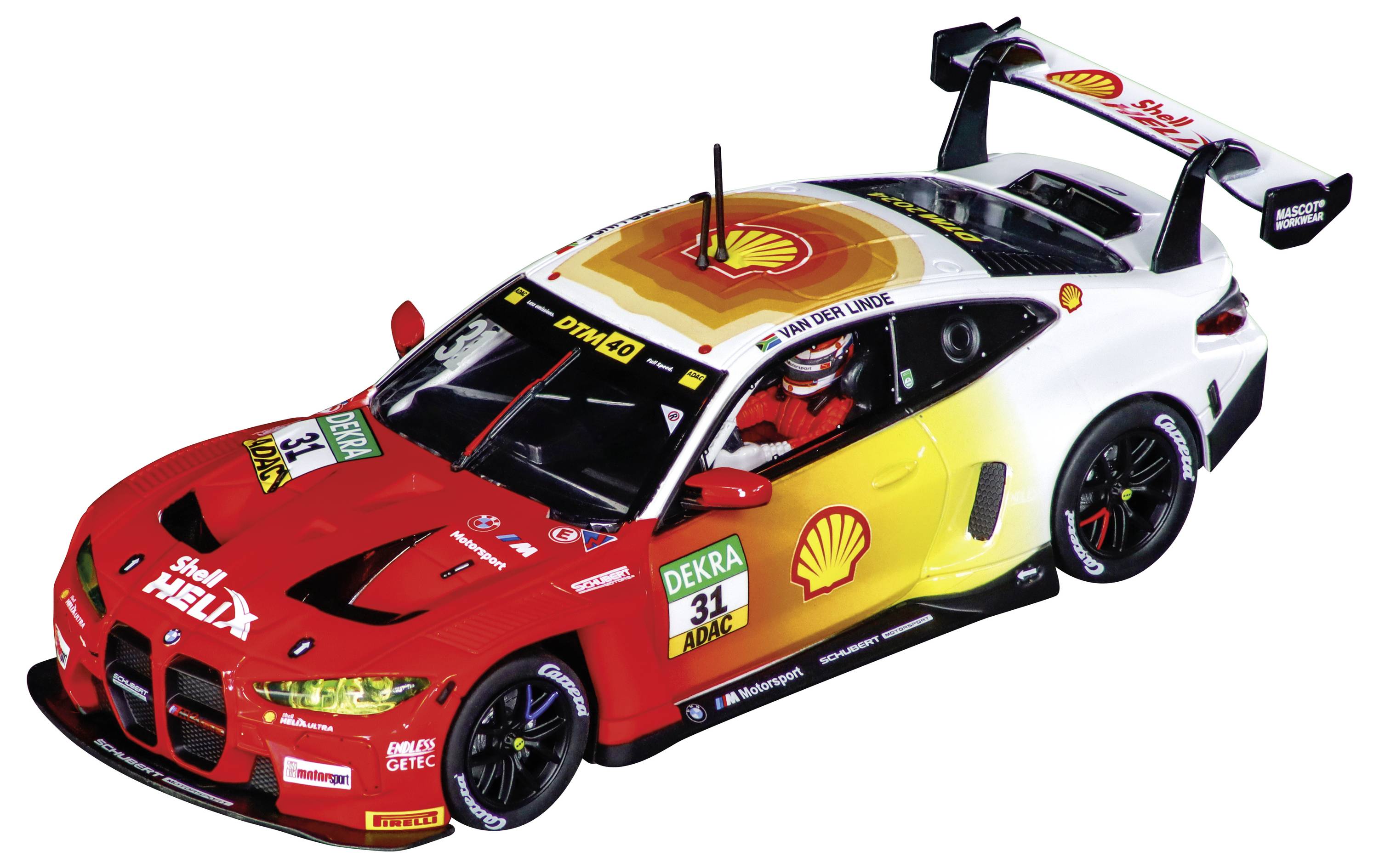 Ein Rennwagen mit Shell Helix-Branding, ausgestattet mit einem lebhaften Design in Rot, Gelb und Weiß, der Geschwindigkeit und Energie ausstrahlt.