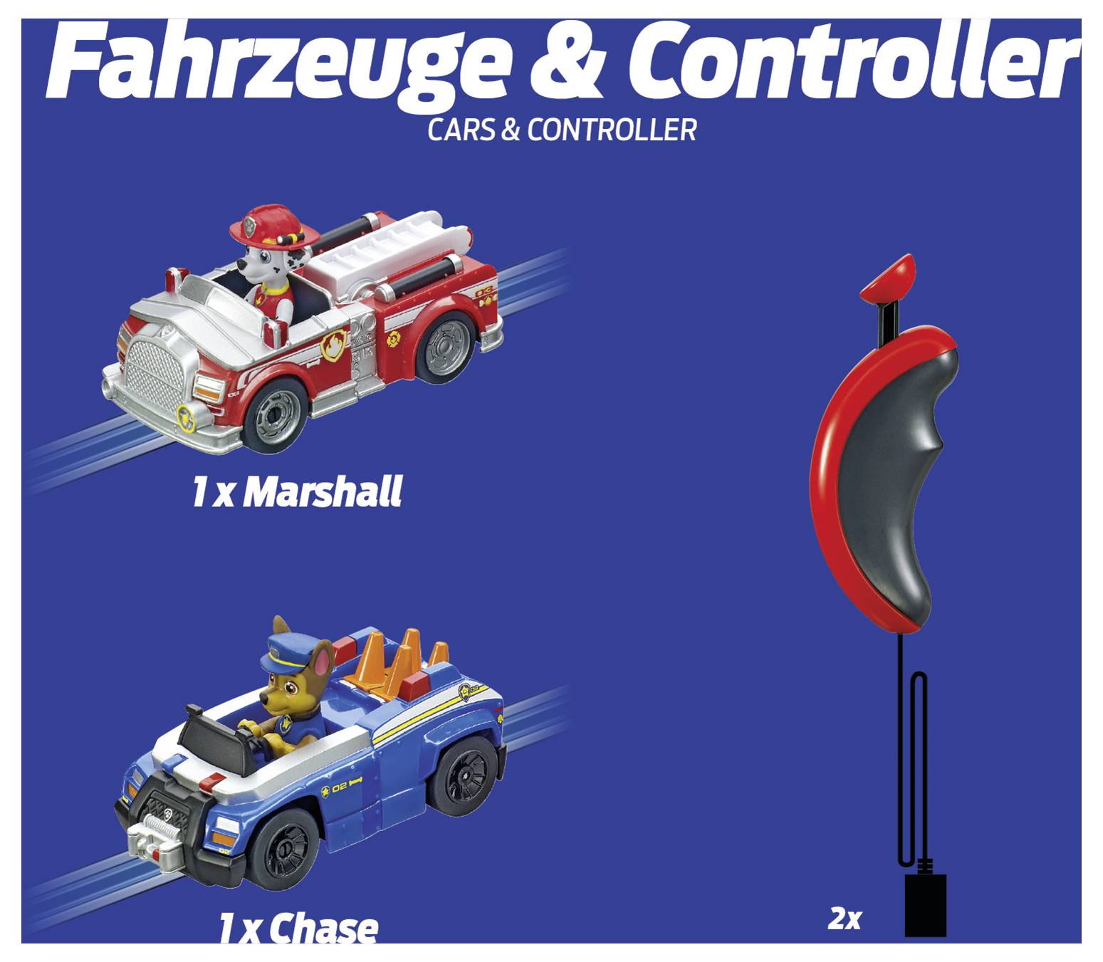 'Véhicules & Contrôleur' présente un camion de pompiers miniature avec '1x Marshall', une voiture de police miniature avec '1x Chase', et un contrôleur rouge et noir étiqueté '2x'.