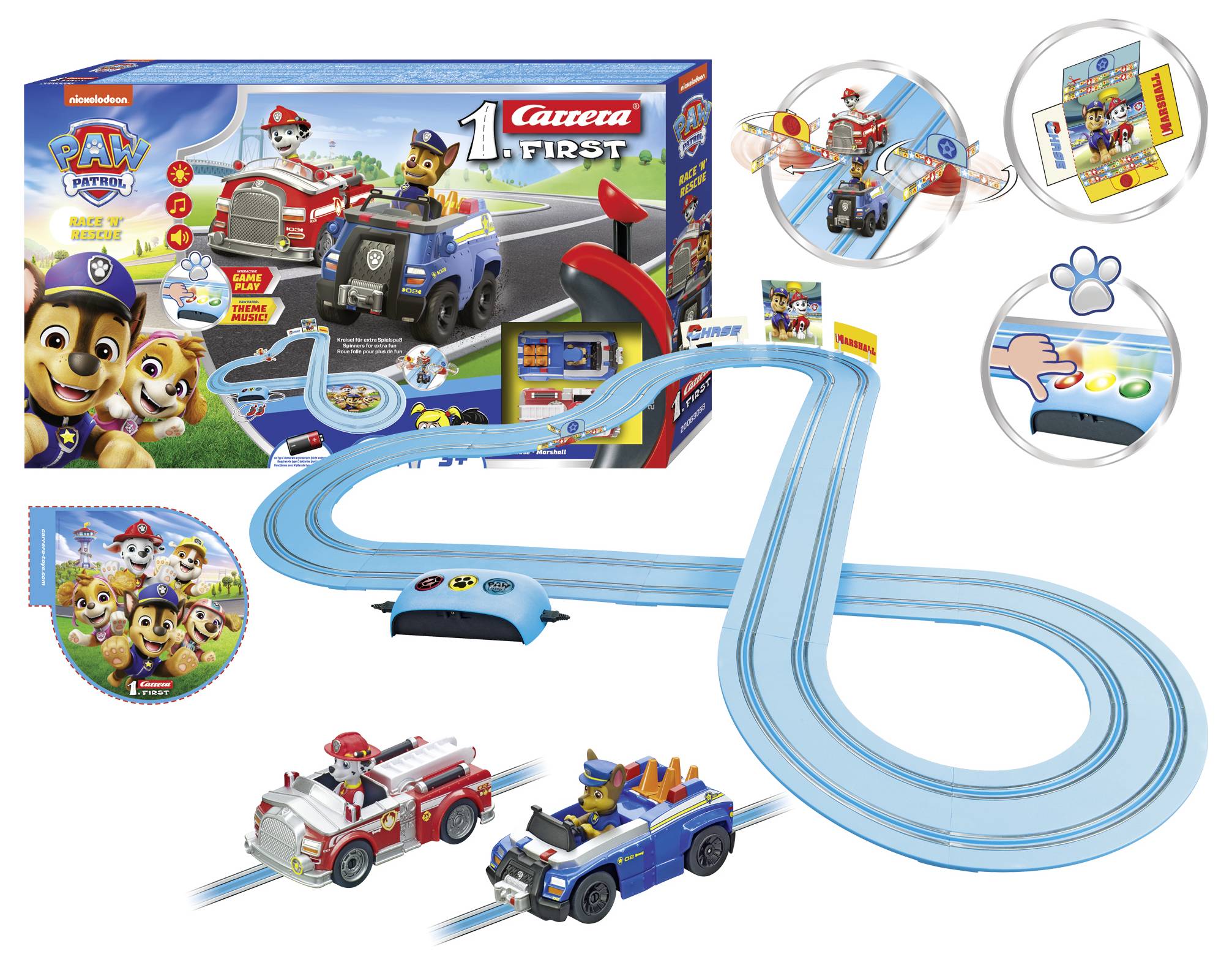 Ensemble de circuit de course sur le thème de 'Pat' Patrouille' comprenant les véhicules de Chase et Marshall, un tracé de circuit et une télécommande. Adapté aux jeunes enfants.