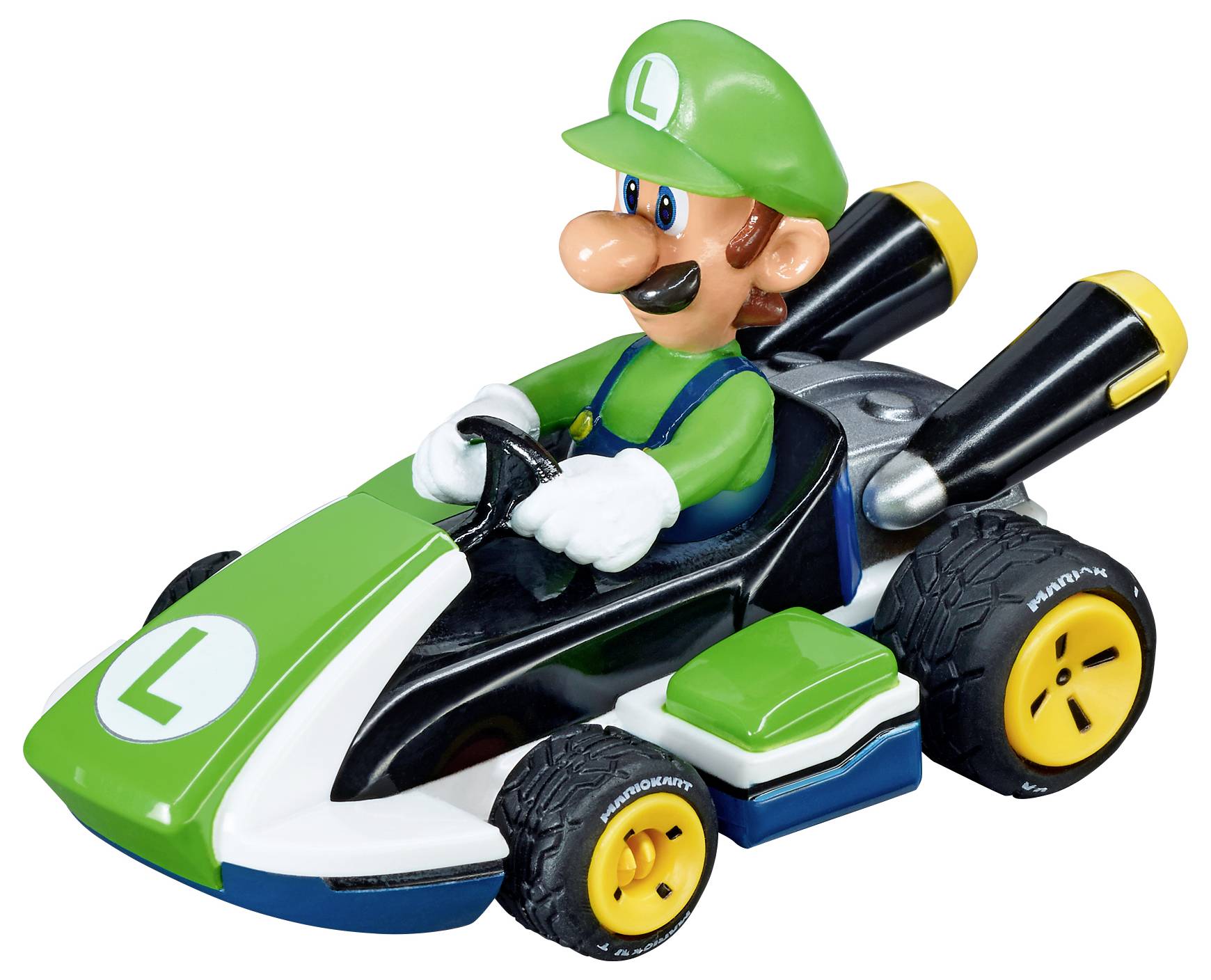 Un personnage de dessin animé vêtu d'une tenue verte conduit un karting vert et blanc, équipé de grandes roues aux jantes jaunes et doté d'un double échappement.