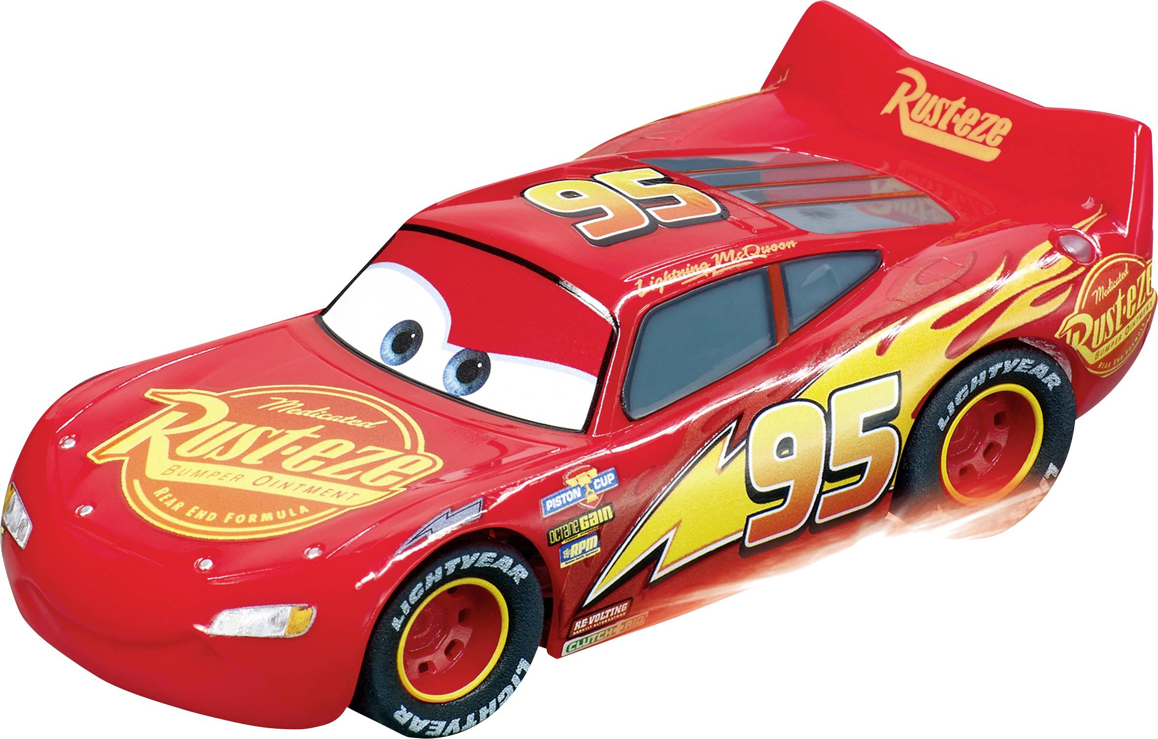 Une voiture miniature de course rouge avec des yeux sur le pare-brise, le numéro '95' et des décalcomanies de flammes sur les côtés, et des logos 'Rust-eze' sur le capot et le spoiler.