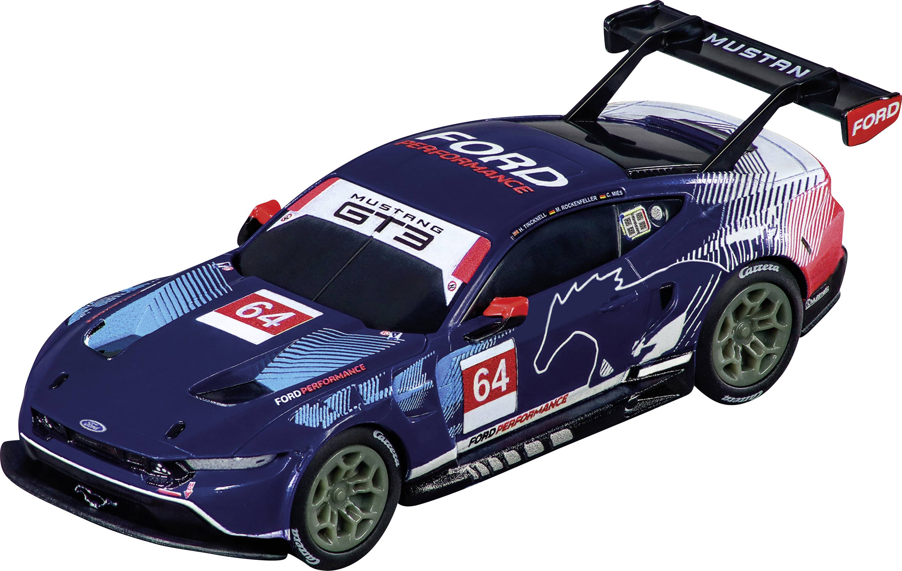 Une voiture de course arborant la marque « Ford Performance », portant le numéro 64, présentant un design sportif et des couleurs audacieuses rouge, blanc et bleu.