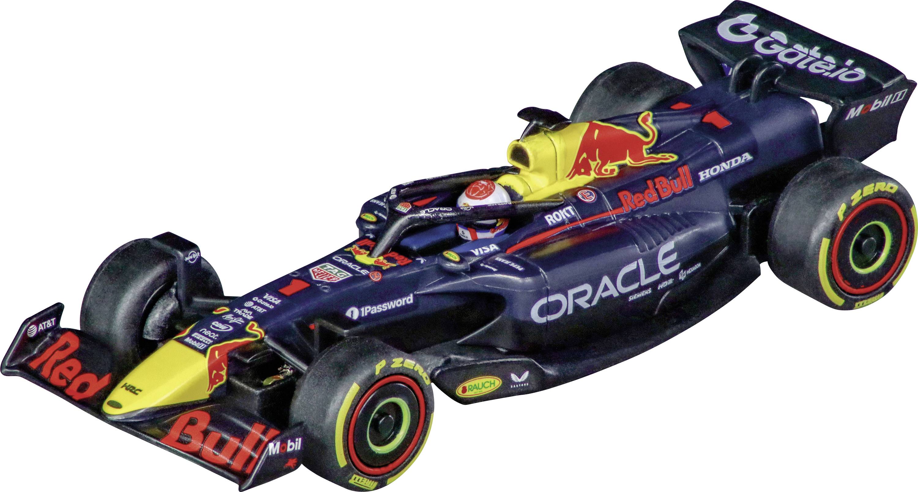 Une voiture de Formule 1 arborant les marques de Red Bull, Oracle et Honda, avec des logos et des sponsors bien en vue, présentée dans un contexte de course.